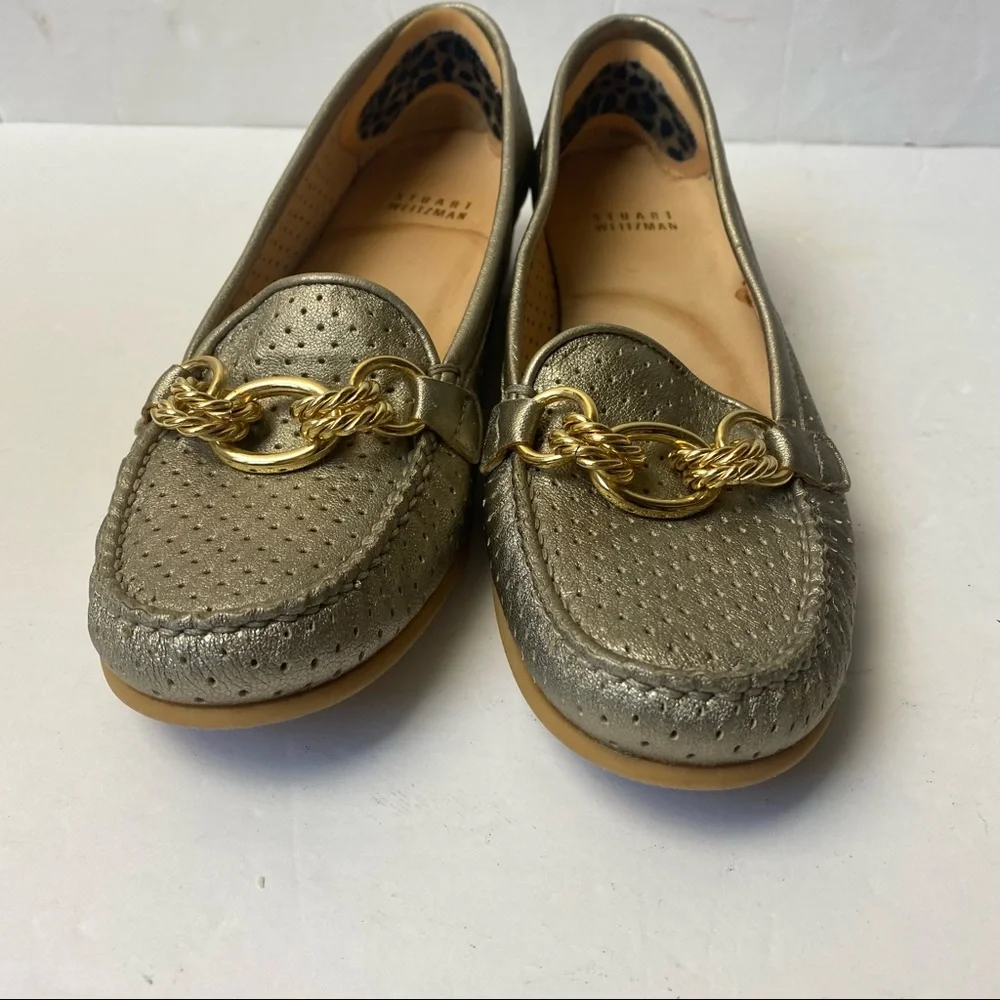 Vintage Stuart Weitzman Gold Metallic Leather Chain Bit Loafers 7.5 SS